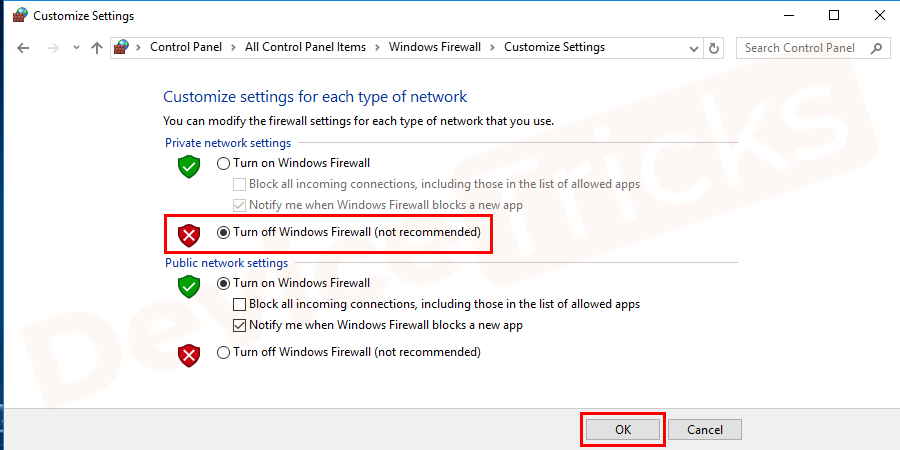How to Fix ERR_CONNECTION_RESET in Chrome? Click on turn off Windows firewall (not recommended) option to turn it off under private and network settings.
